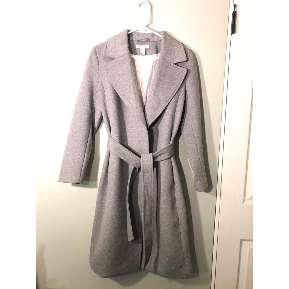 H&M wool blend knee length tie long coat grey